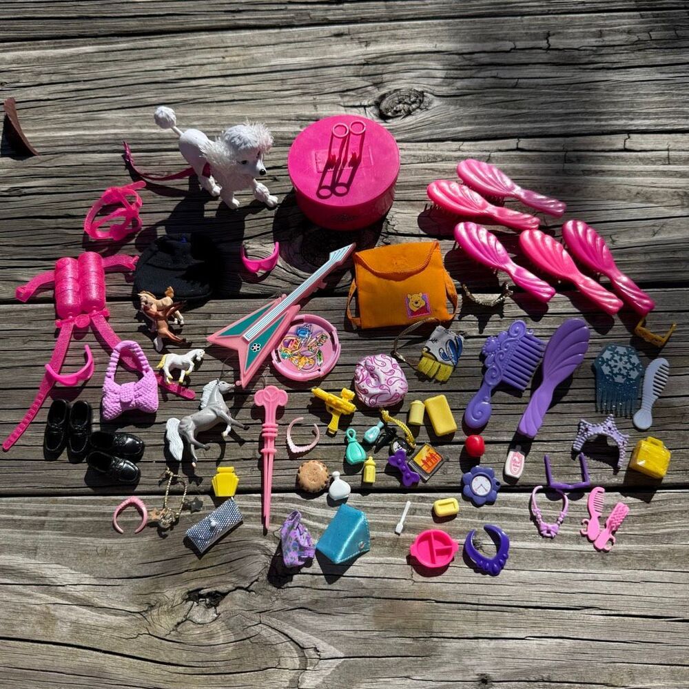 Barbie & Mixed Brand Doll Accessory Lot Purses Shoes Brushes Jewelry Miniatures